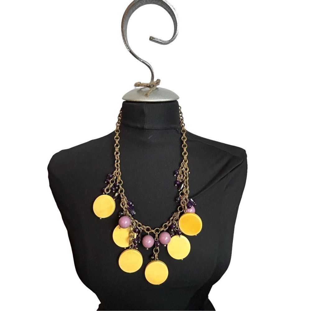 Windy Mink bold yellow and purple bright disc and bead statement necklace - sign